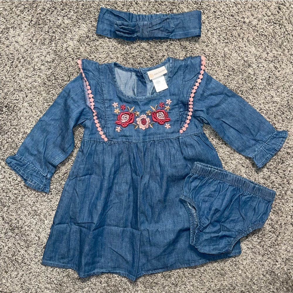 Daisy Fuentes Girls 3 piece long sleeve jean dress headband diaper cover 12mo
